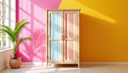Fototapeta premium Stylish furniture showcase modern interior cabinet display bright colorful walls natural light contemporary design
