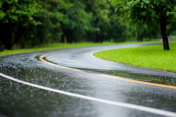 Curving wet road during rainfall, lush green grass beside the road.