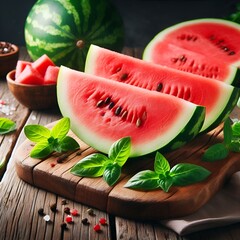 Juicy watermelon slices on a rustic wooden table.
