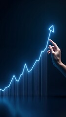 A hand pointing at a blue line graph on a dark background.