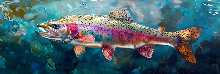 Fototapeta premium Vibrant Rainbow Trout Swimming in Pristine Waters with Iridescent Colors and Signature Markings Captured Elegantly