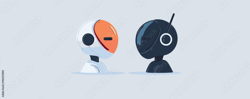 Poster two futuristic robots facing each other in minimalist design on light background.