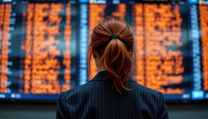 Obraz premium Passenger checking flight information at airport digital board displaying flight status nighttime professional viewpoint travel insights