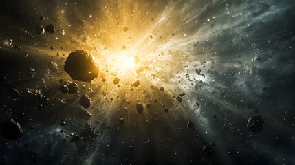 Asteroid Cluster: A cluster of small asteroids bound together by gravity, slowly rotating in the vastness of space. 
