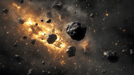 Asteroid Cluster: A cluster of small asteroids bound together by gravity, slowly rotating in the vastness of space. 
