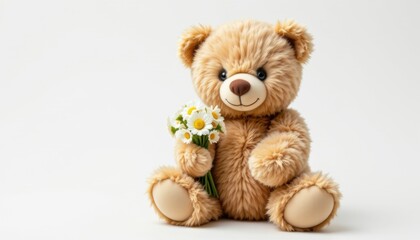 Obraz premium Cute teddy bear holding flowers studio setting photography soft light whimsical concept