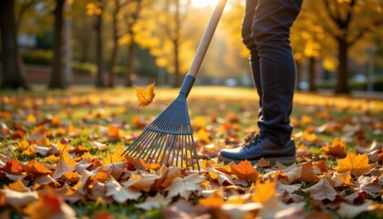 Raking fallen leaves in autumn park outdoor activity nature photography vibrant environment close-up view
