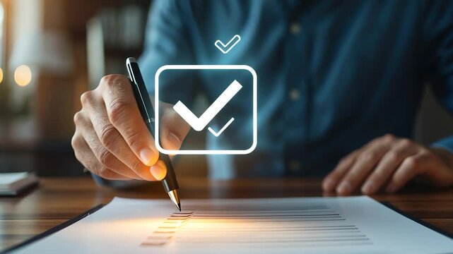 Marking a checklist.  Hand checking off an item