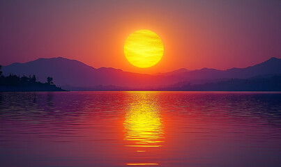 Naklejka premium Vibrant Sunset Over a Calm Lake with Mountain Silhouettes