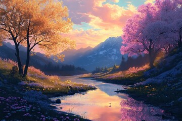 Serene mountain valley at sunset with vibrant trees and wildflowers reflecting in a calm river