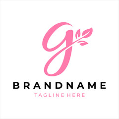 The logo design combines the letter g and a leaf, using the color pink.