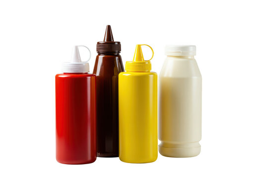 Assorted condiment bottles ketchup mustard bbq mayonnaise on transparent background