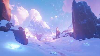 Snowy mountain landscape, ethereal glow