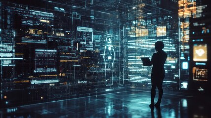 Data insights: Silhouette navigating future interfaces and digital information