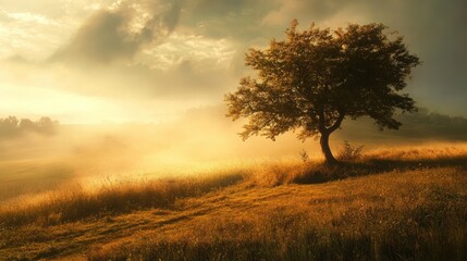 Obraz premium Single tree standing on a hill with sunrays breaking through fog. Nature, landscape, solitude, hope.
