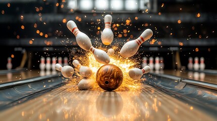 Bowling ball smashes pins with sparks, creating explosion effect on lane