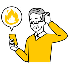 SNSが炎上して困惑している年配の男性（スマートフォン）