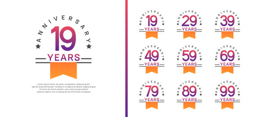 set of anniversary logo style with orange ribbon. vector design purple color for celebration