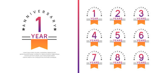 set of anniversary logo style with orange ribbon. vector design purple color for celebration