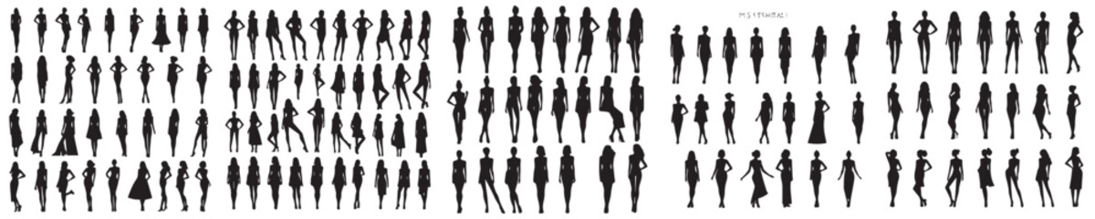 vector set of silhouette female model icons