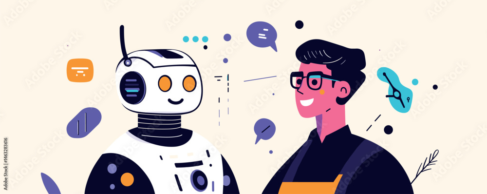 Poster smiling man and friendly robot having a conversation with speech bubbles.