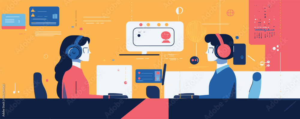 Poster two people video calling in modern office setting with abstract design elements.