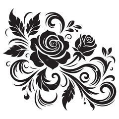 Black Rose Floral Vector Design with Ornamental Swirls and Leaves – Elegant Decorative Flower Illustration for Tattoos, Invitations, and Digital Art