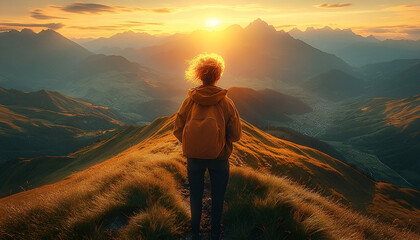 Fototapeta premium Woman Hiker at Sunset Mountain Peak