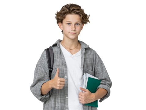 Celebrating Young Achievers: A Heartwarming Image of Diverse Students in Graduation Gowns With Books and Backpacks Proudly Giving a Thumbs Up