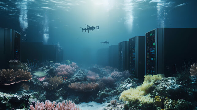 Underwater drones inspecting submerged data center servers near coral reef. [Submerged Futures] | Driftglass Structures | polished wreck. Illustration