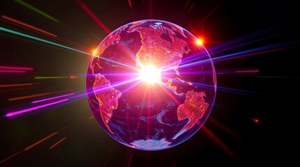 Obraz premium Globe clipart rendered in electric vivid colors light streaks and vibrant hues bright lens flare effect.