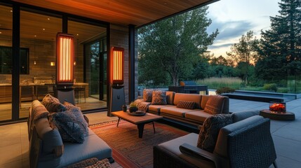 Elegant outdoor lounge area with infrared heaters and natural sunset view
