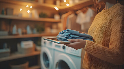 Woman in Yellow Sweater Folding Blue Clothes Using Tablet in a Cozy Laundry Room