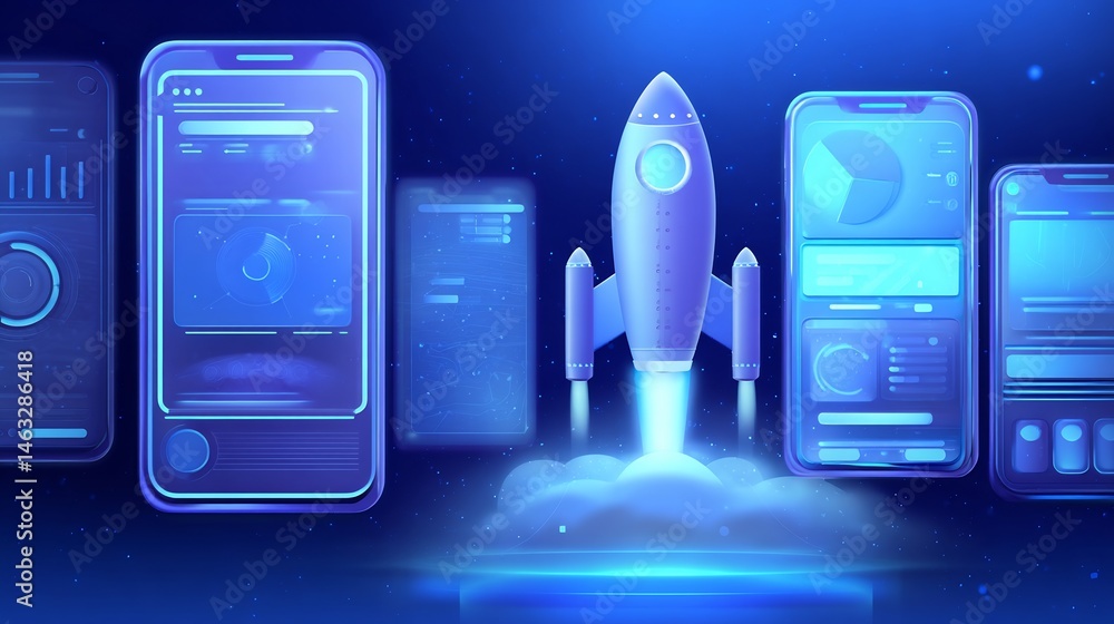 Poster digital app launch illustration with rocket and mobile devices in space
