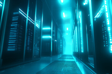 Modern Data Center aisle, showing vast network of interconnected computer infrastructure and cloud technology