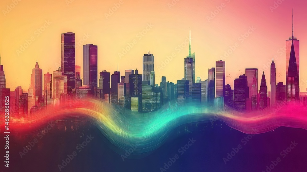 Aufkleber 鮮やかな色の空を背景にした高層ビル群のシルエットを描いた活気のある都市景観