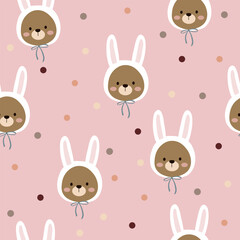 bear wearing rabbit hat   and polka dot  seamless pattern , vector , illustration