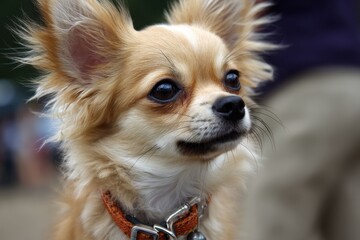 Close-up portrait of a fluffy, alert chihuahua.