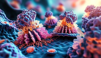Microscopic view of cancer cells, detailed 3D medical illustration of tumor growth on tissue surface