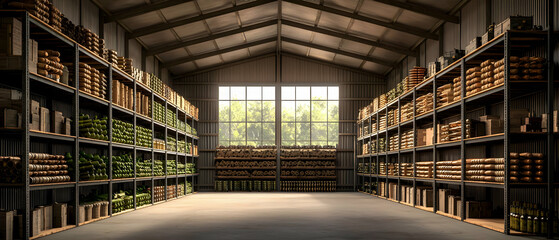 Fototapeta premium Wide Shot Of Industrial Warehouse With Storage Racks
