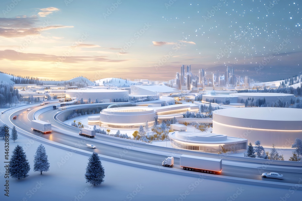 Aufkleber 冬の雪景色の中の未来的な都市景観 夕暮れの空と白い建物 トラックが道路を走る