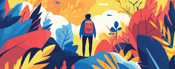 Vibrant landscape with silhouetted hiker backpacking through colorful abstract forest.