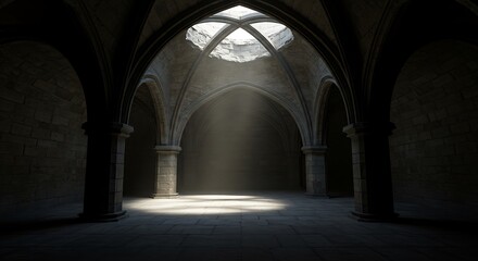 dark basement vault cathedral concrete stone vault building interior 3d render illustration shining form open ceiling dark