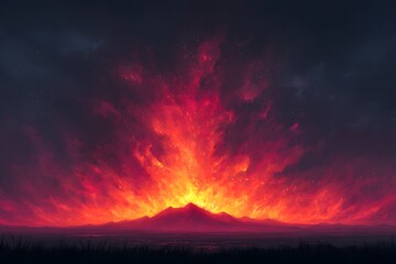 Fototapeta premium Fiery Volcanic Eruption at Night Dramatic Landscape Painting