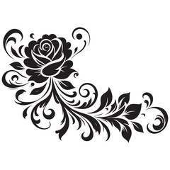 Black Rose Floral Vector Design with Ornamental Swirls and Leaves – Elegant Decorative Flower Illustration for Tattoos, Invitations, and Digital Art