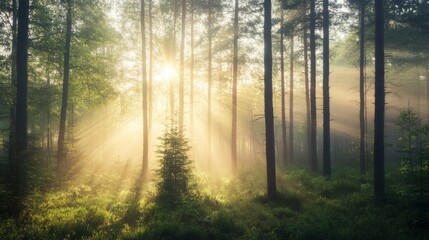 Naklejka premium Sun rays shine through trees in a misty forest