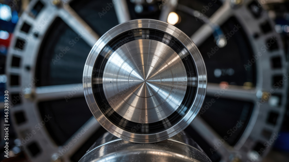 Poster mechanical concept of polished metal part with circular pattern in consulting environment for indust