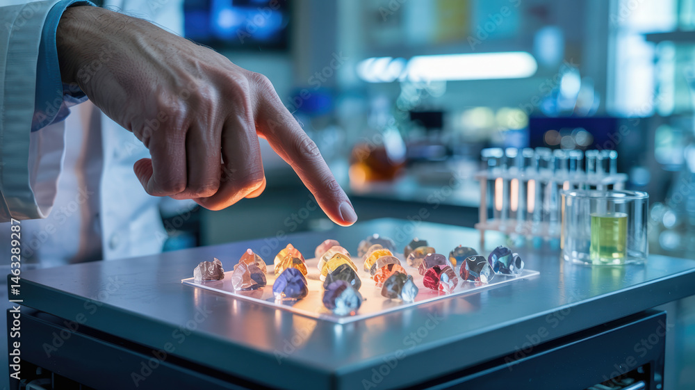 Poster mechanical concept in consulting is explored as hand points to mineral samples on lighted table in l
