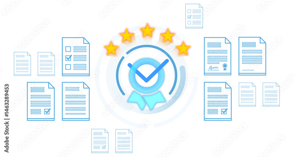 Poster quality certification badge with check mark surrounded by stars and document icons in minimal graphi