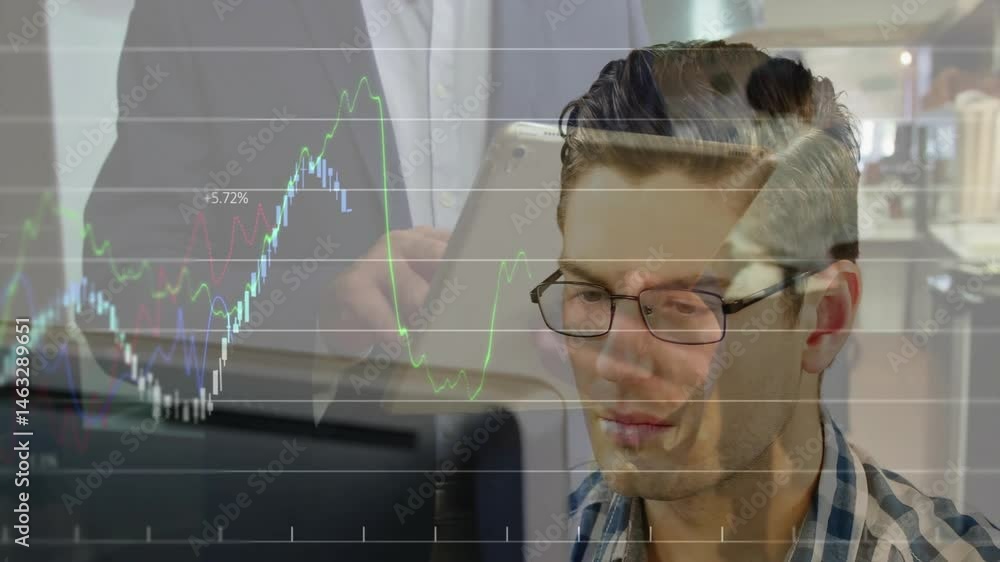 Poster man analyzing market data on monitor in office, showing animated financial line charts overlaying